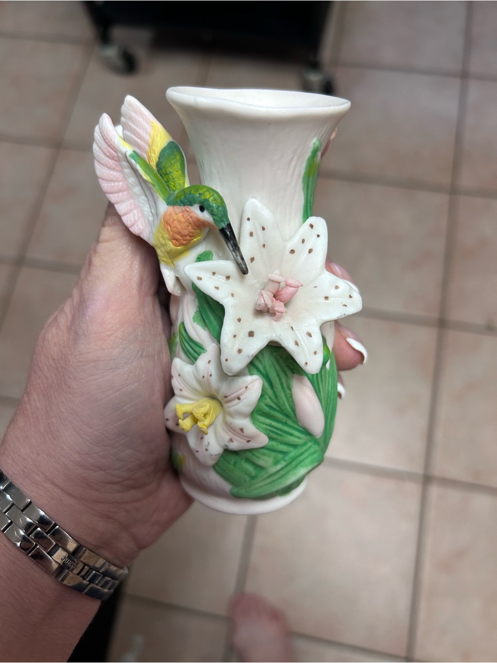 Porcelain Hummingbird & Lily Accent Vase in Pink and Green